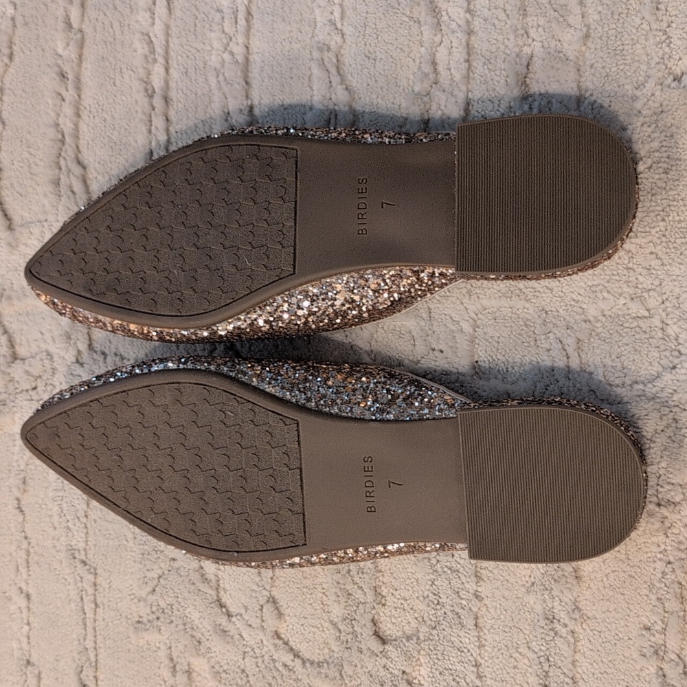 Birdies The Swan Jeweled Gold Sparkle Mules, Crystal Pointed Toe Flats - Picture 4 of 4